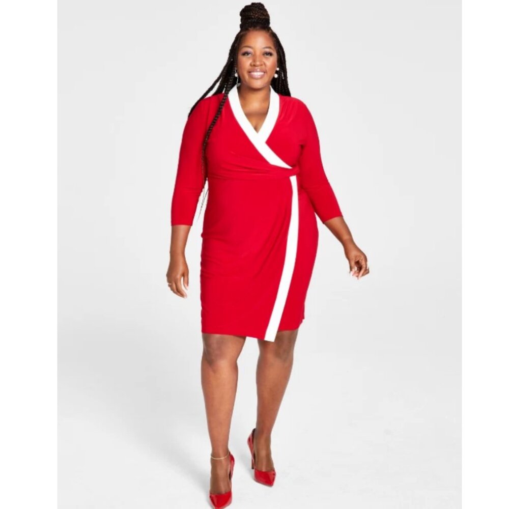 NWT Kasper Red White City Wrap V-Neck Long Sleeve Dress 2X